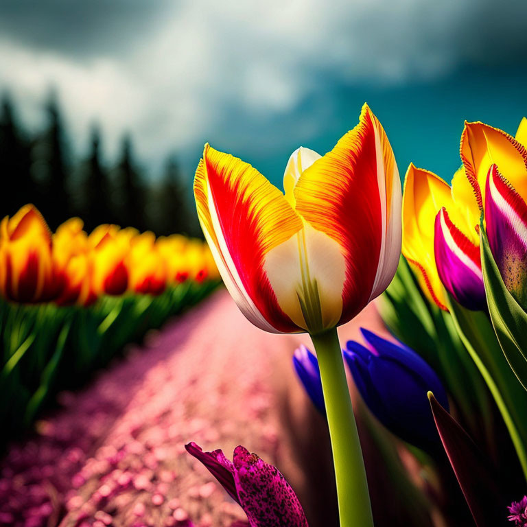 Colorful Tulip Field with Vibrant Red and Yellow Tulip under Dramatic Sky