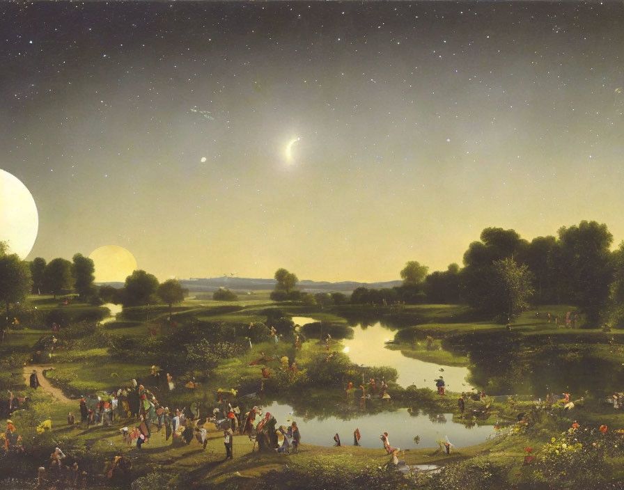 Moonlit night landscape painting with people by reflective pond