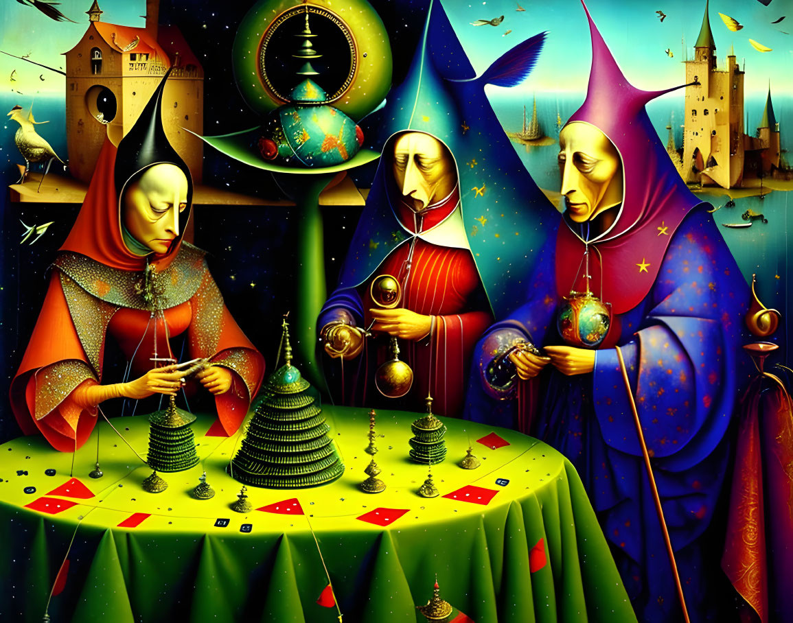 Surreal painting of robed figures at circular table with geometric shapes under starry sky