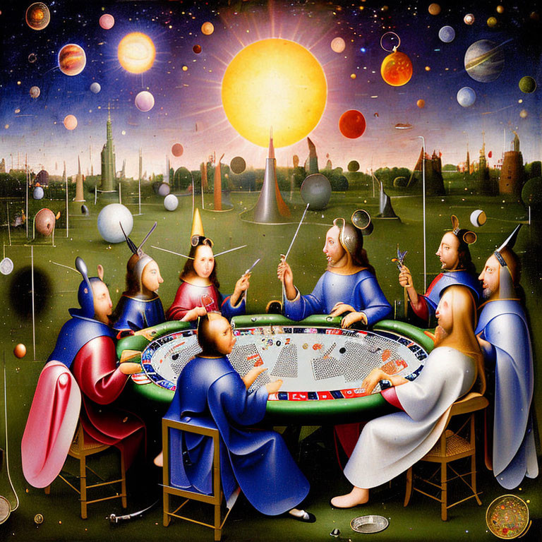 Surreal painting of robed figures around celestial board game