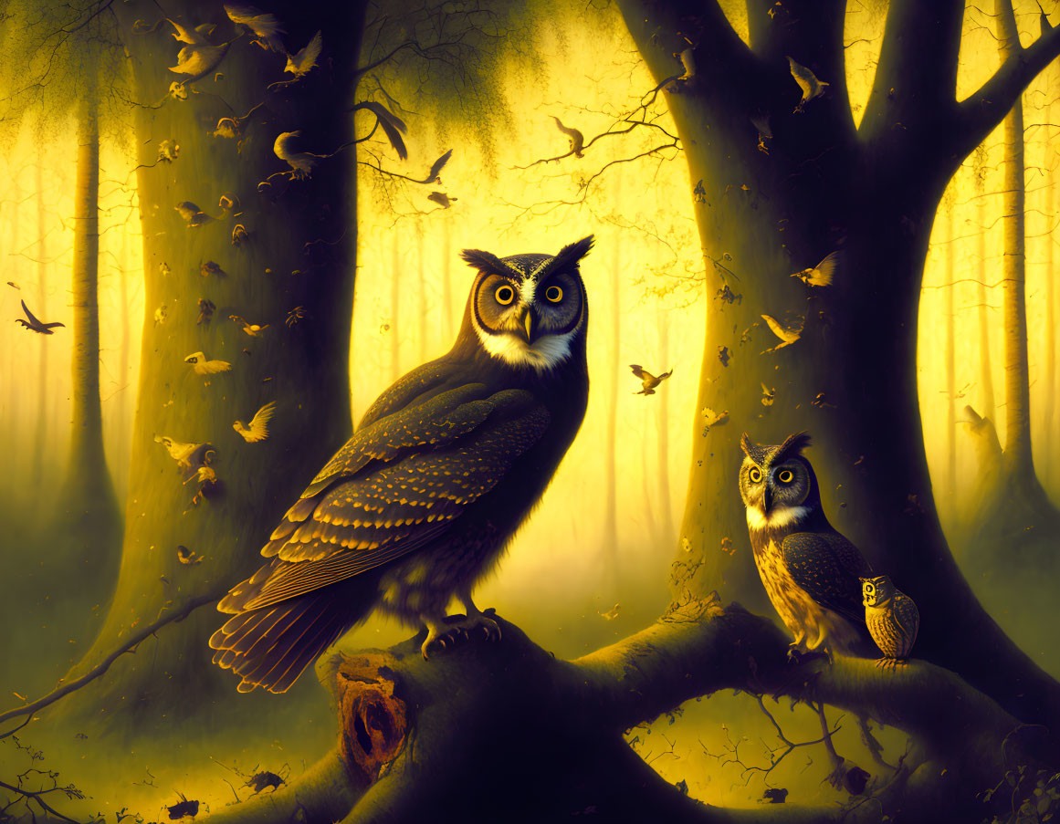 Artwork featuring two owls in a golden forest with flying birds