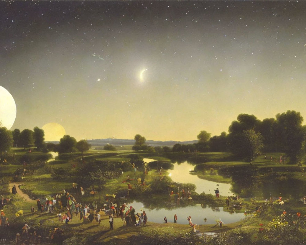 Moonlit night landscape painting with people by reflective pond