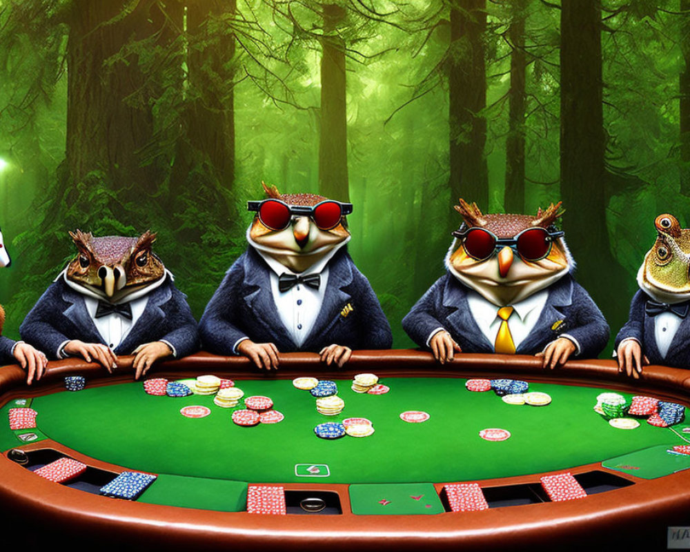 Anthropomorphic Owls in Suits Playing Poker in Forest