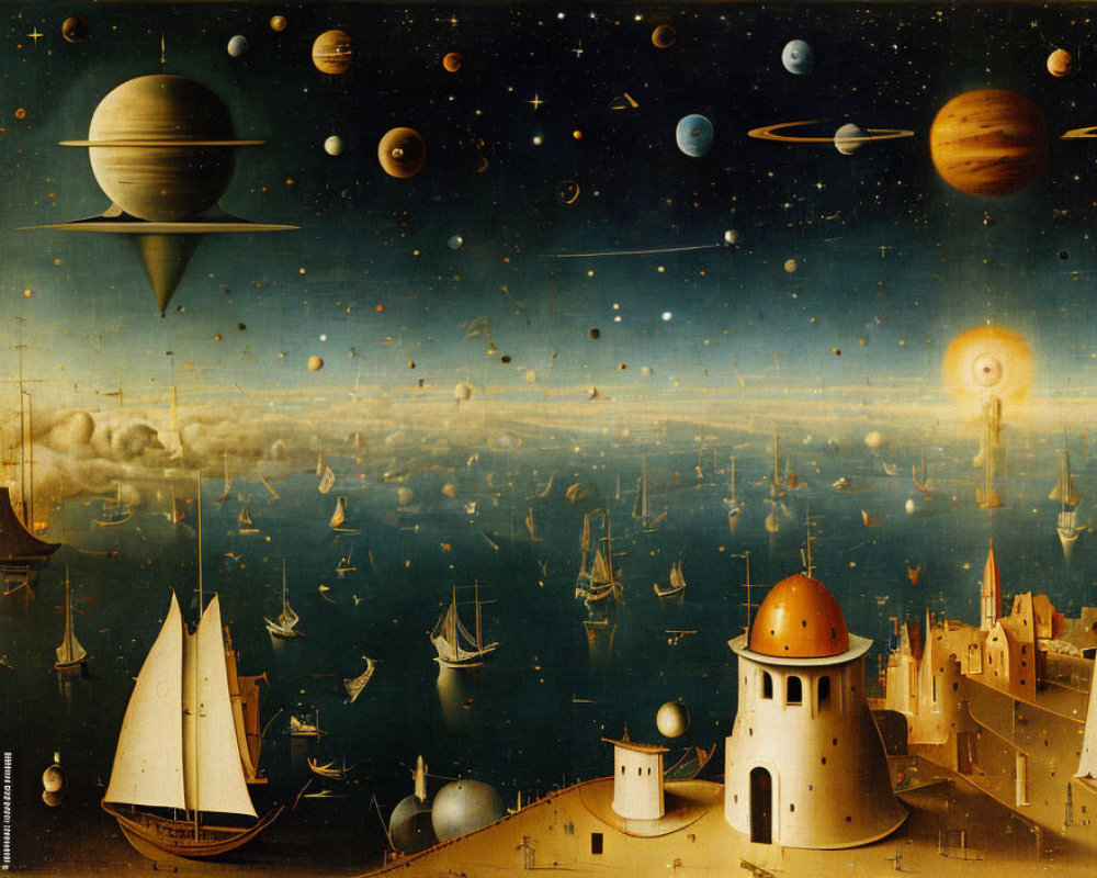 Celestial seascape painting with planets, ships, and castle-like structure