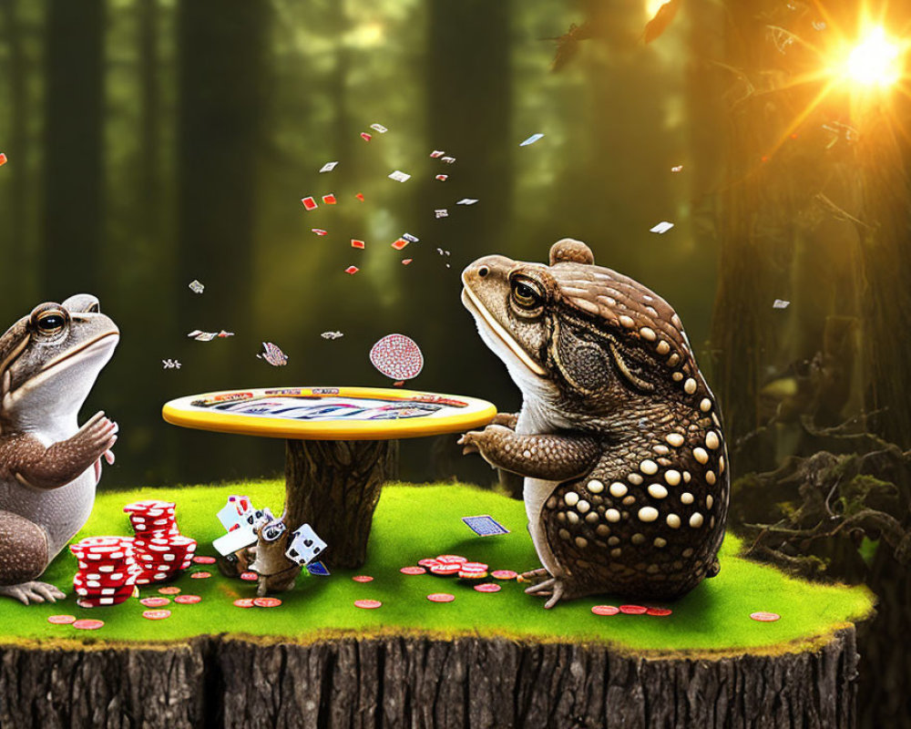 Whimsical animated frogs playing poker in enchanted forest setting