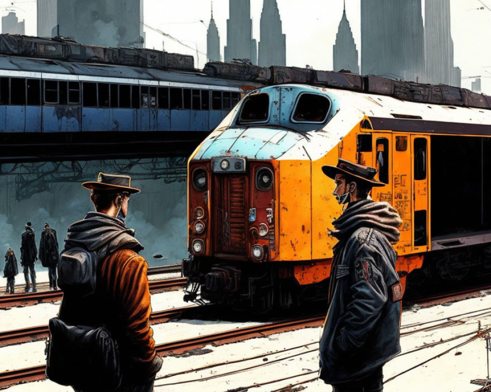Two people on train platform with orange locomotive and cityscape background