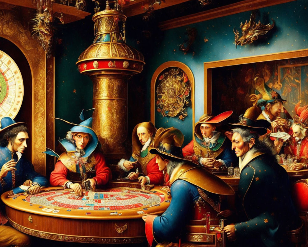 Historical clothing-clad group playing board game in ornate room