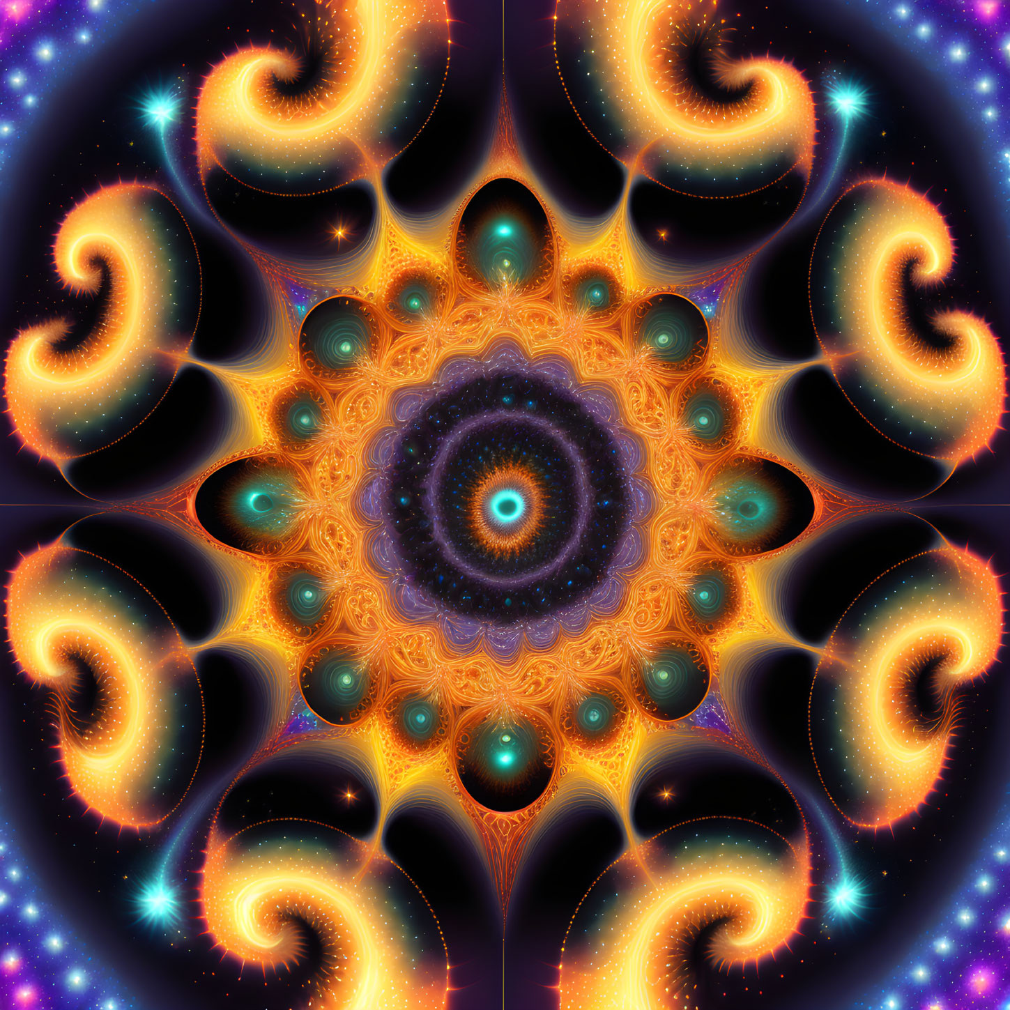 Colorful Symmetrical Mandala Fractal with Spiral Motifs
