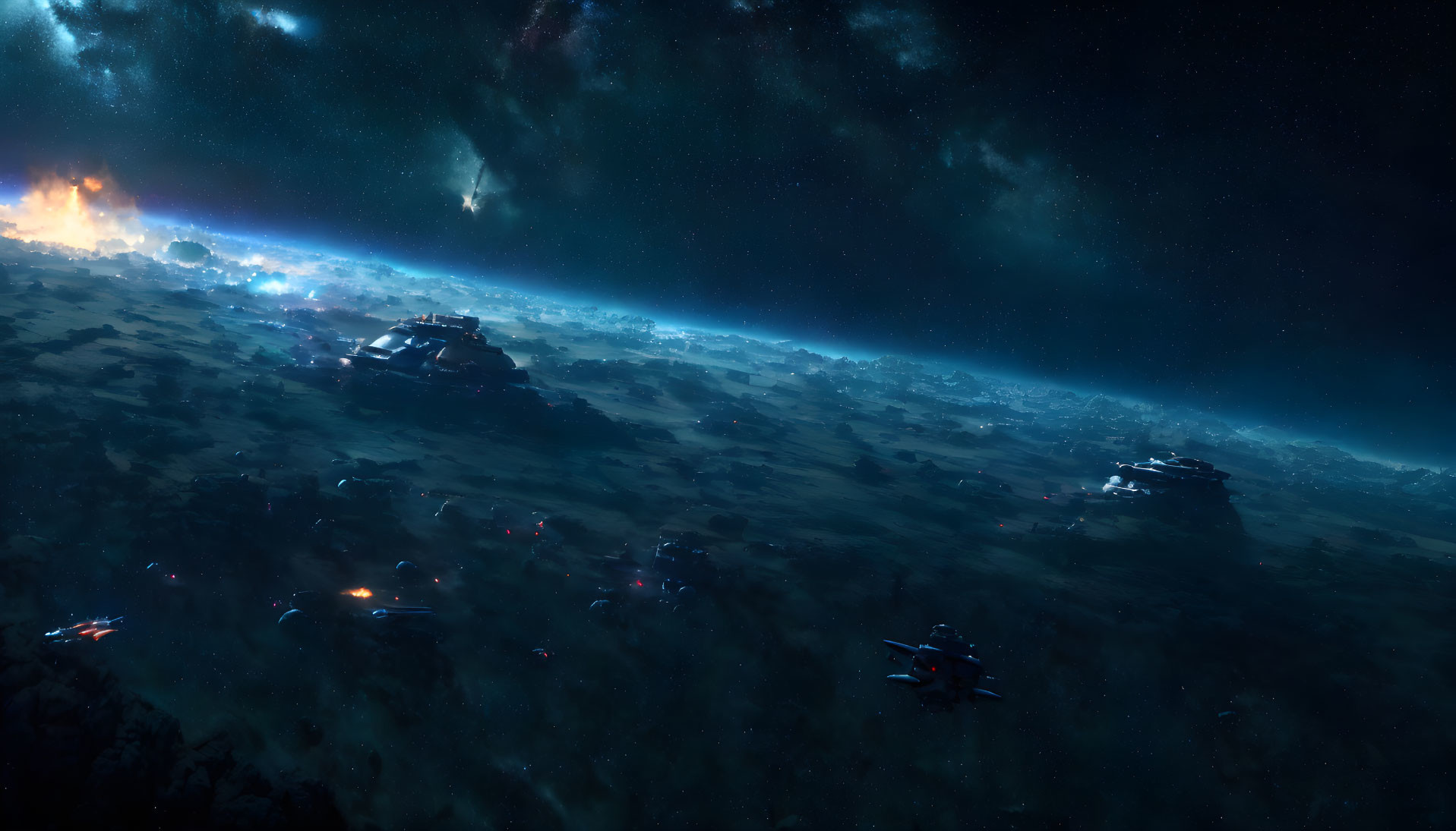 Epic Space Battlefield with Starships Amidst Stars and Nebulae