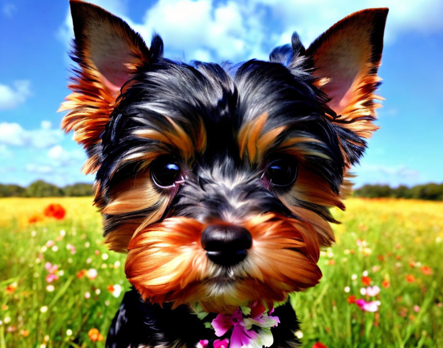 Yorkshire Terrier in floral collar in vibrant field with red flowers and blue sky.