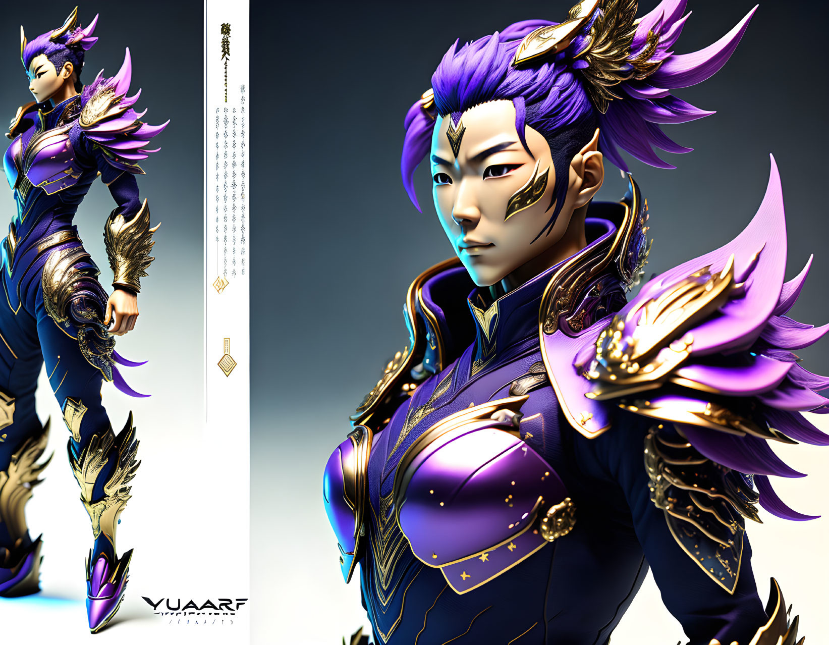 Detailed 3D illustration of character with purple hair and golden armor