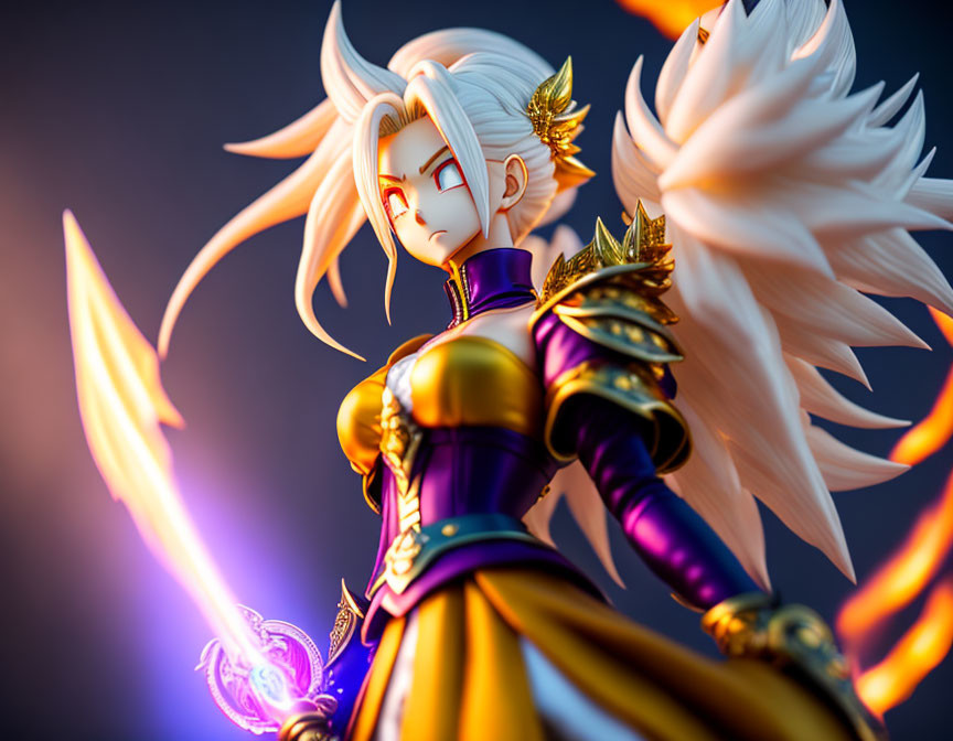 Golden-armored anime figure with white hair wields glowing purple sword