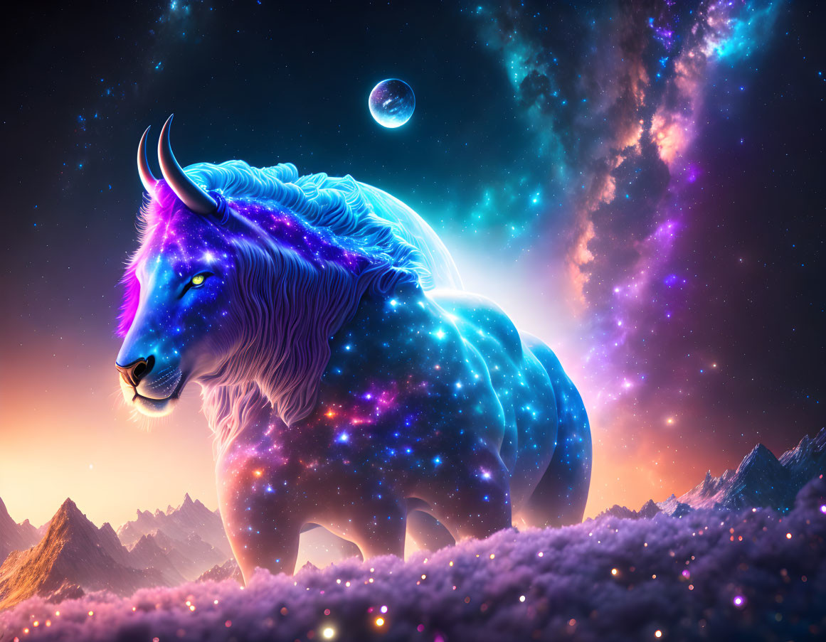 Starry cosmic lion with glowing blue mane in celestial landscape