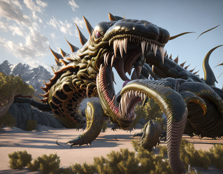 Giant dragon in desert landscape with intricate scales and fierce teeth