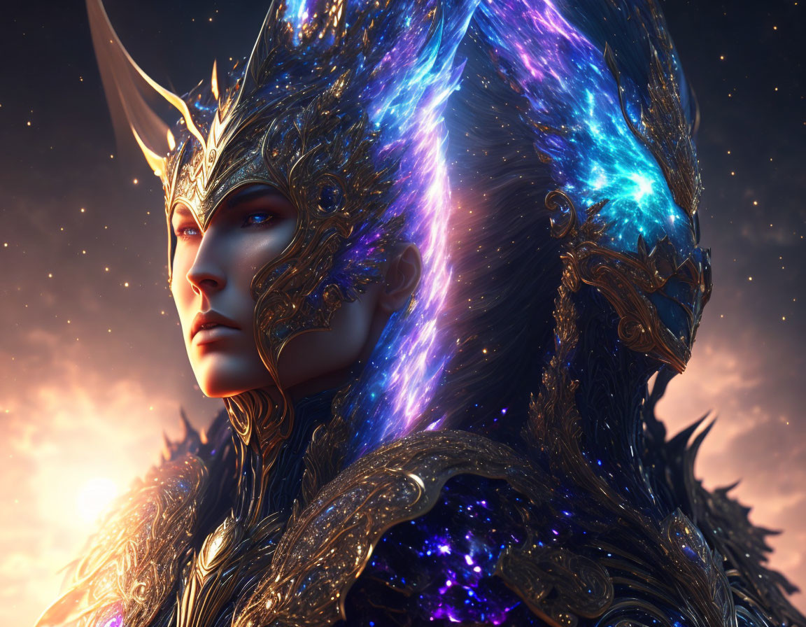 Fantasy female warrior with cosmic energy hair and metallic armor against dusk sky