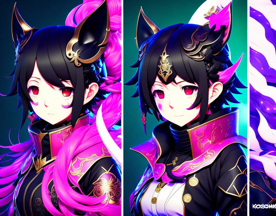 Character with Dark Hair and Fox Ears in Vibrant Pink Highlights
