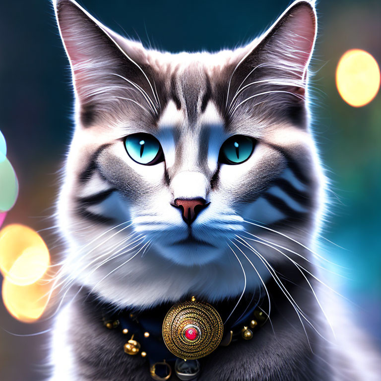 Detailed digital artwork: Cat with blue eyes & decorative collar on bokeh background