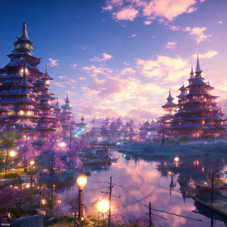 Twilight scene with illuminated pagodas and cherry blossoms by serene river