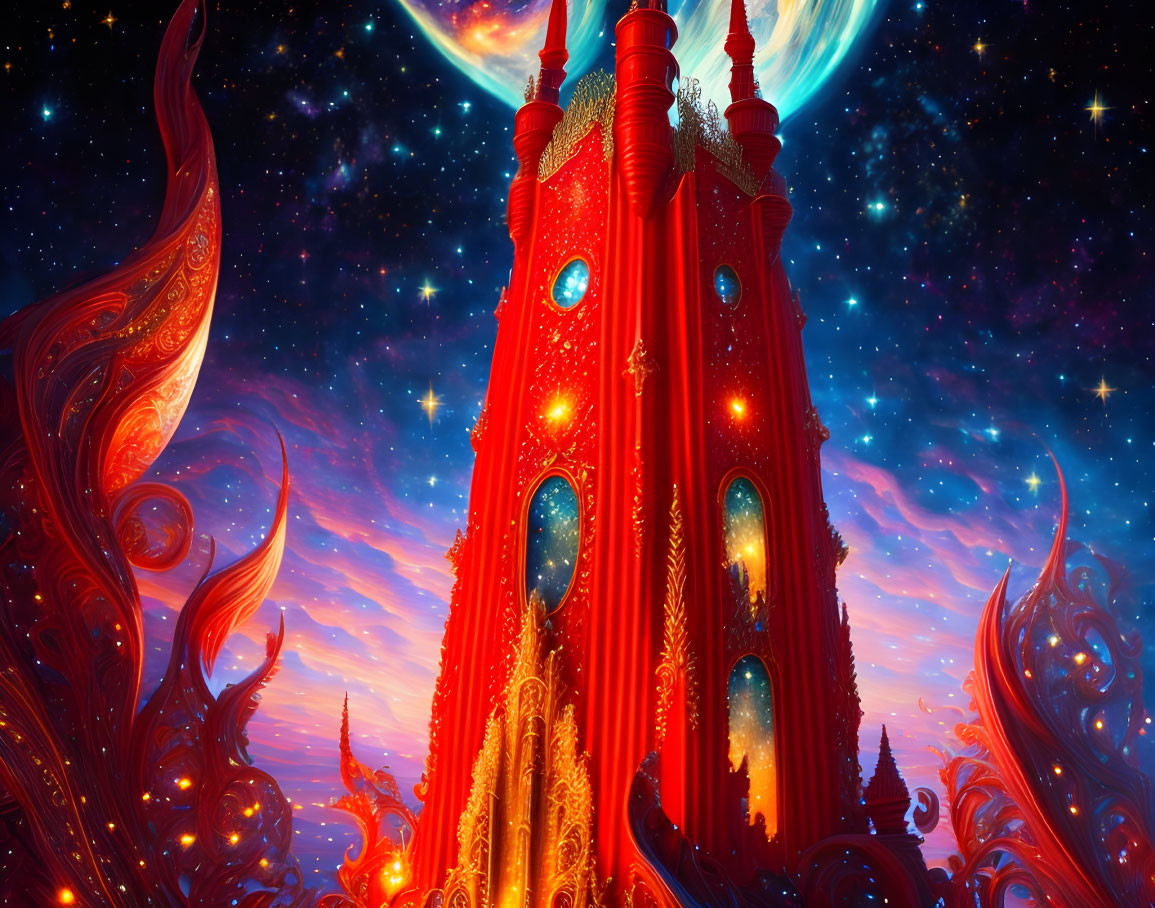 Fantastical red castle in cosmic digital artwork