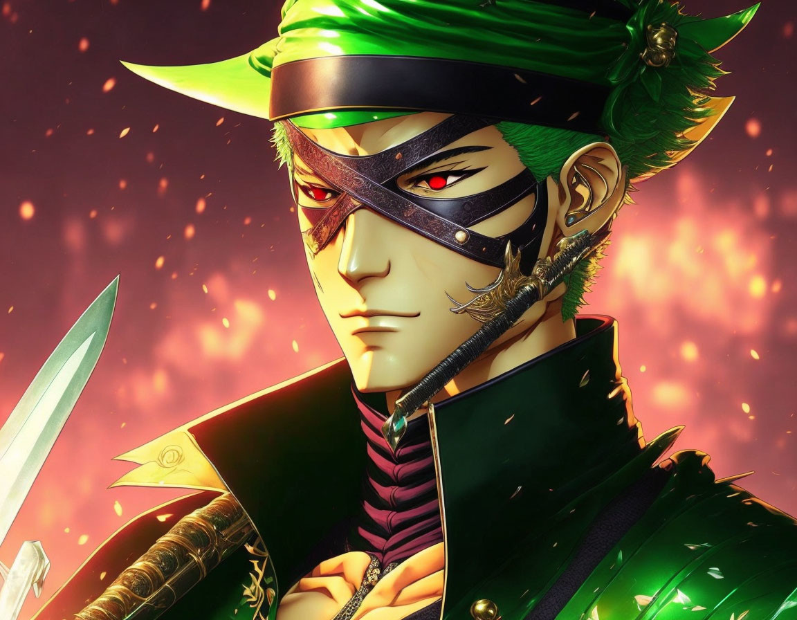 Green-haired character in mask with knife and fiery backdrop