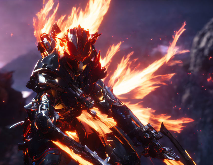 Armored warrior with flaming sword in dark rocky setting