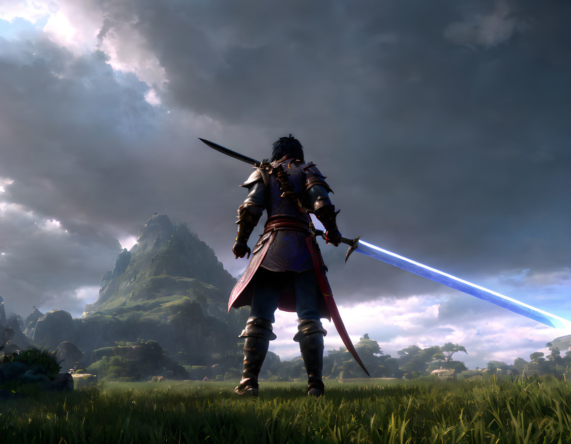 Warrior with glowing blue sword in dramatic mountain landscape