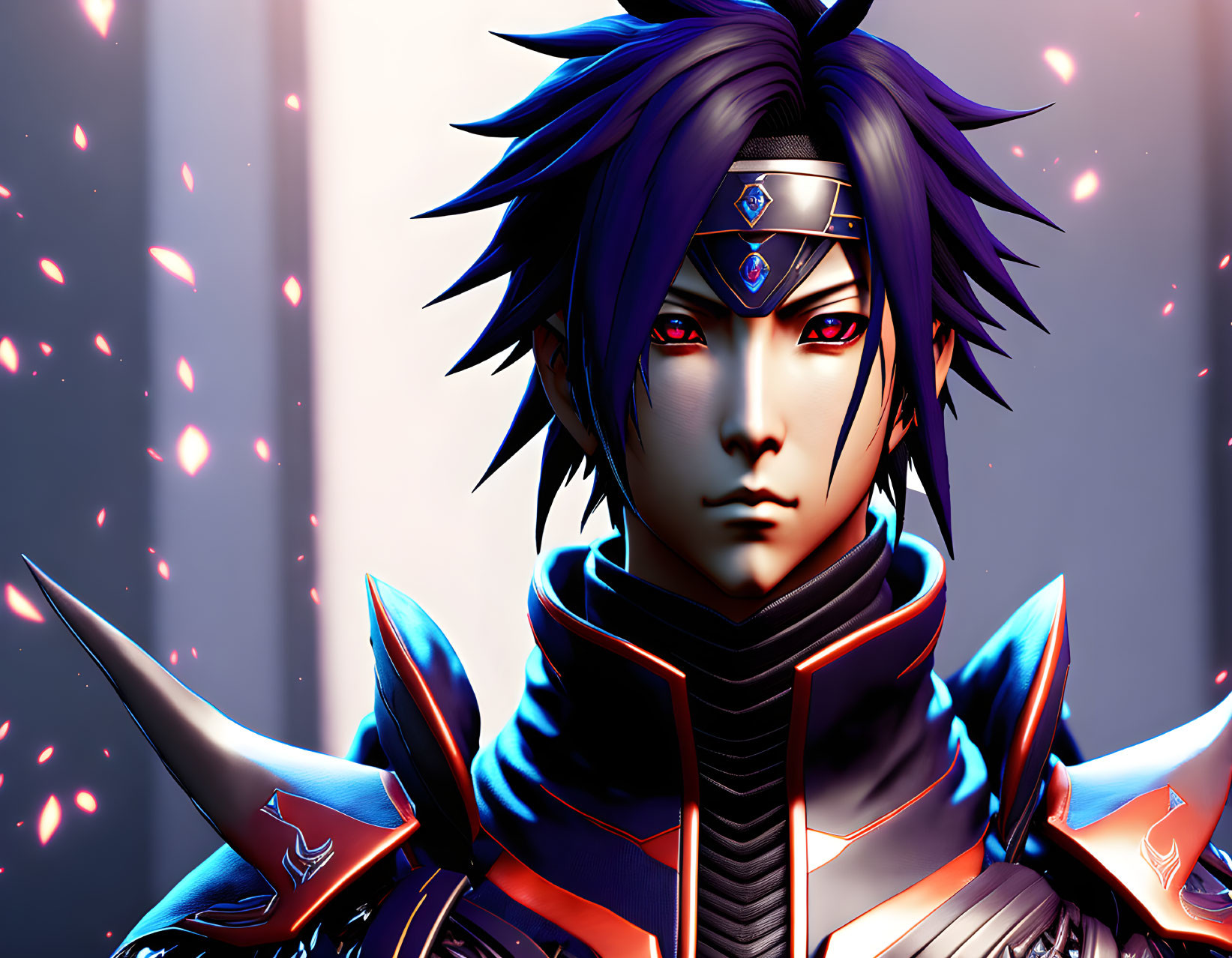 Stylized animated character with spiky dark hair and ornate armor