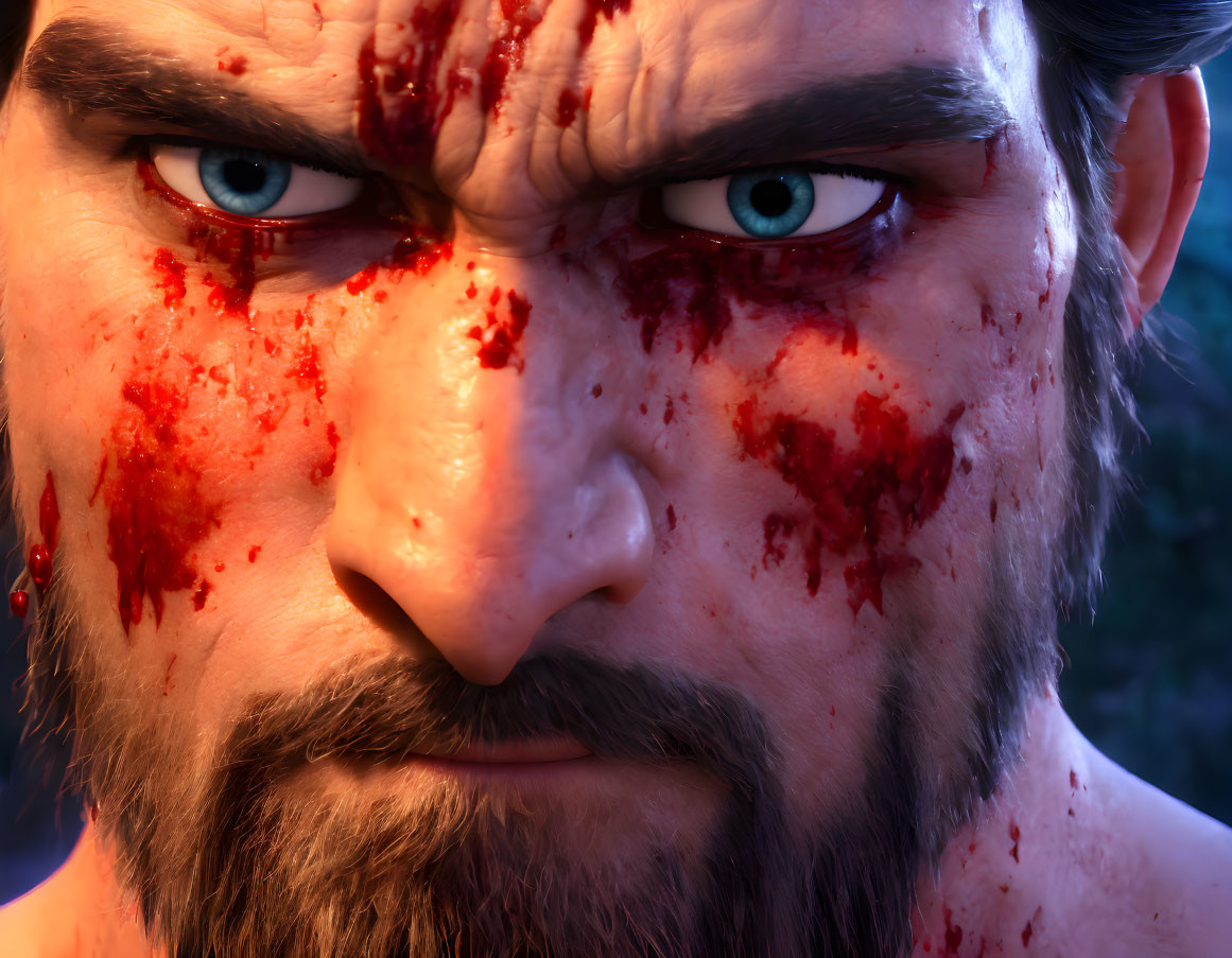 Man with Blue Eyes and Blood-Splattered Face in Intense Expression