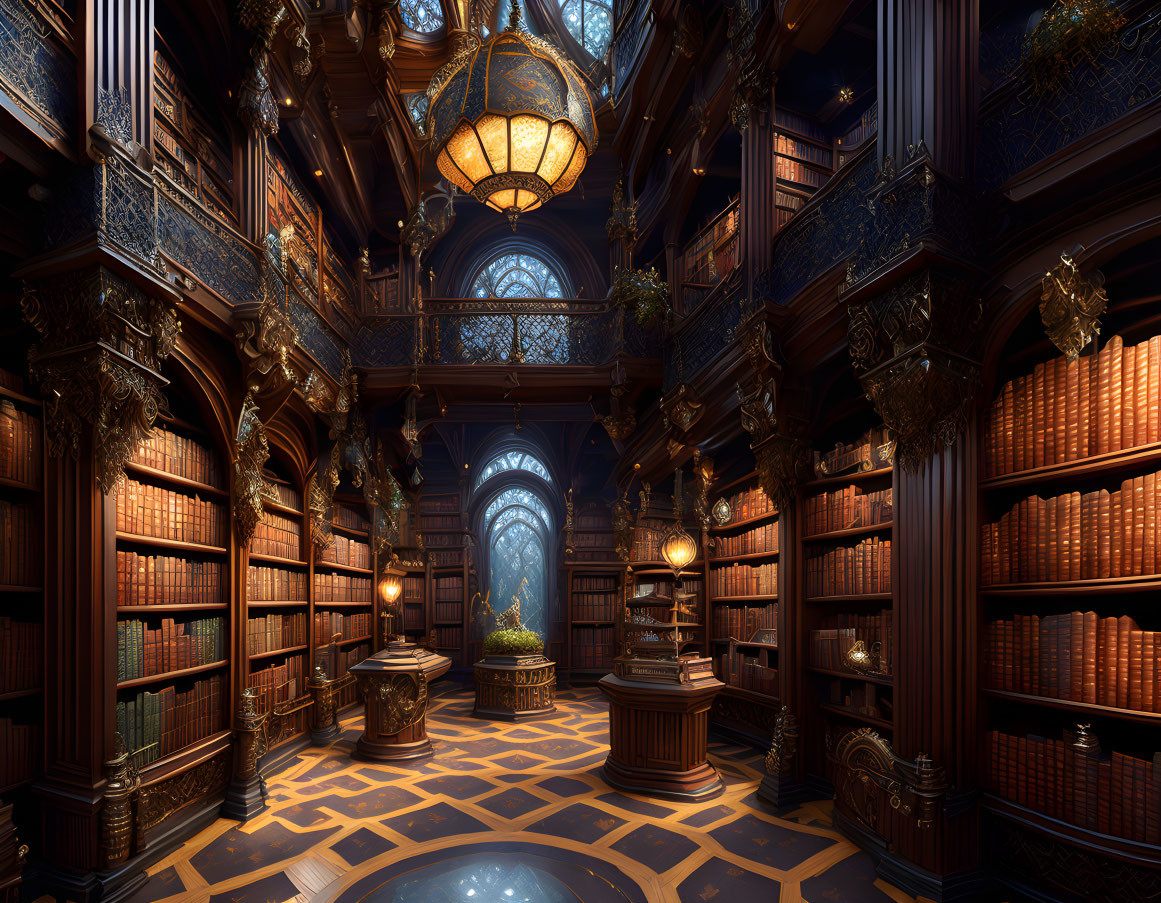 Luxurious Library with Ornate Shelves, Chandelier, Arched Windows, and Atrium