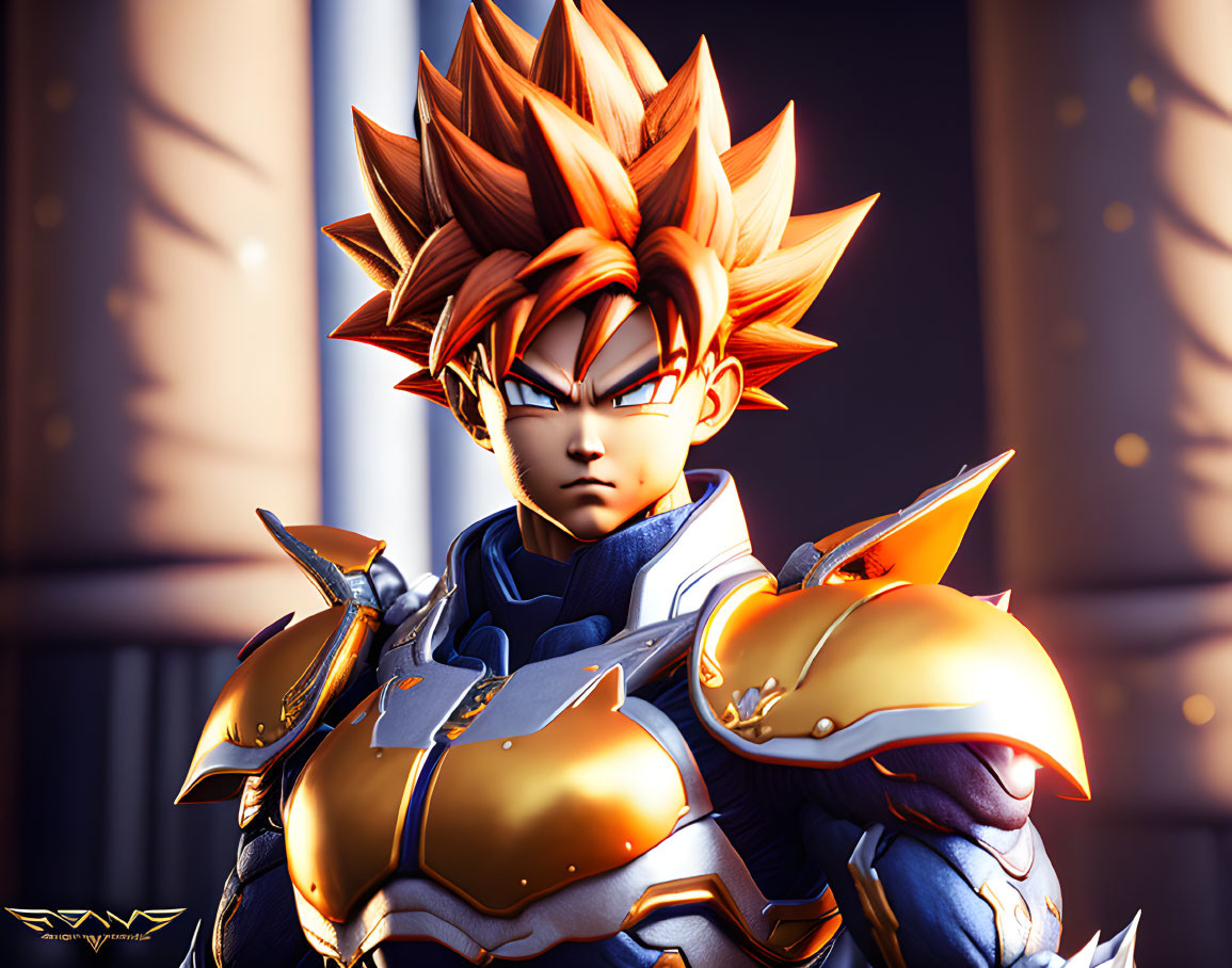 Stylized figure with orange hair in golden armor on blue background