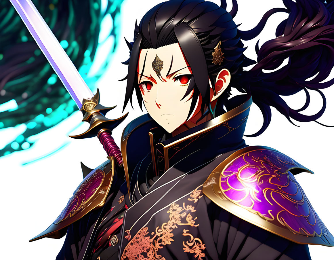 Animated warrior with black hair and red eyes in ornate black and purple armor holding a sword against dynamic
