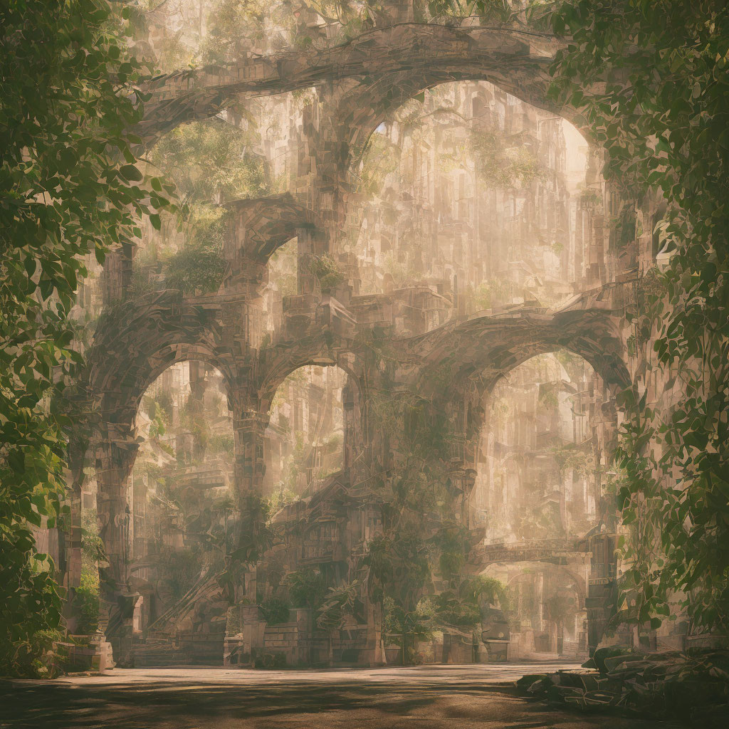 Sunlight filtering through overgrown foliage on ancient stone ruins
