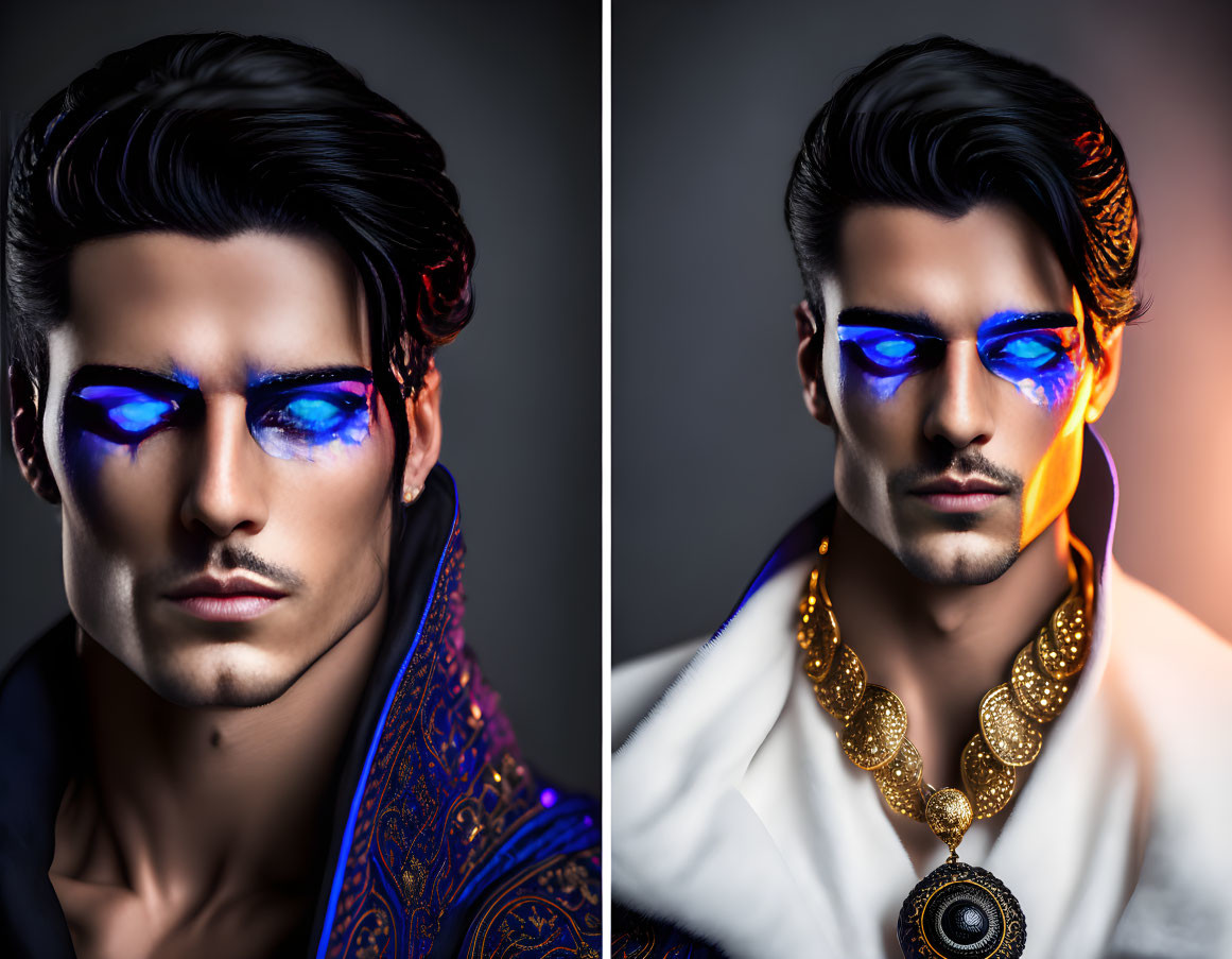Male model with split image: blue glowing eyes, dark hair, gold jewelry, blue scarf.