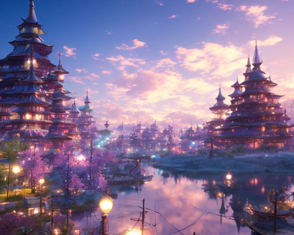 Twilight scene with illuminated pagodas and cherry blossoms by serene river