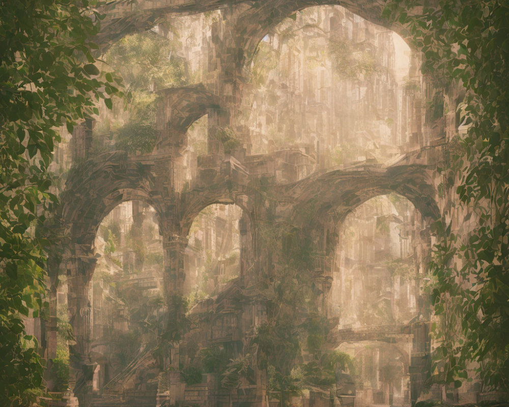 Sunlight filtering through overgrown foliage on ancient stone ruins