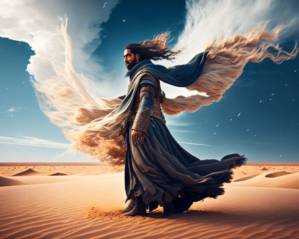 Armored figure in cape standing in desert with swirling winds