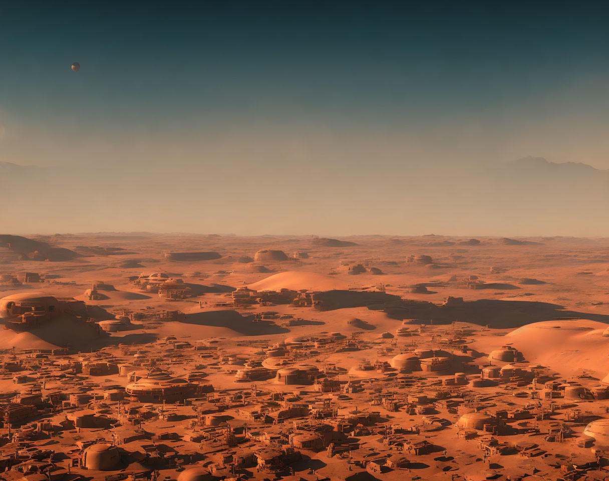 Panoramic Martian-like landscape with domed structures in red desert.