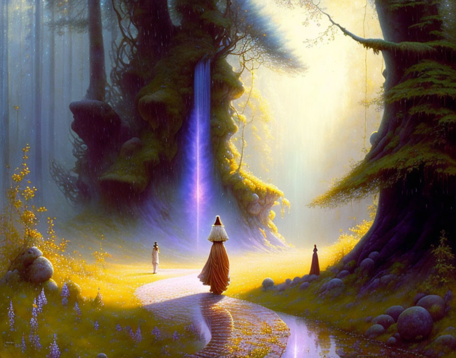 Ethereal fantasy landscape with robed figure, towering trees, and waterfall