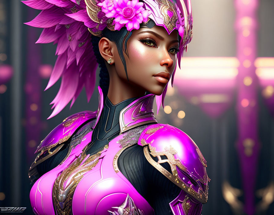 Pink-haired woman in golden armor with feathers in futuristic CG image