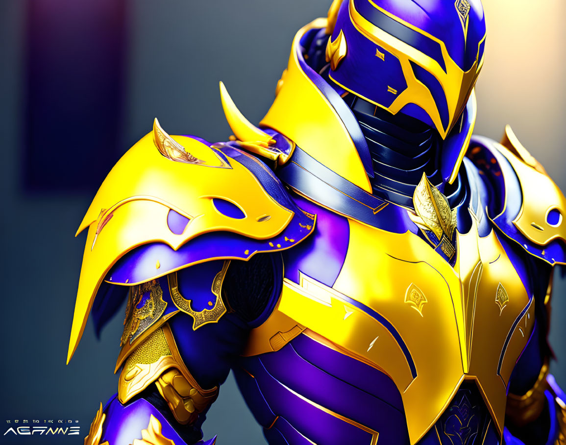 Detailed 3D rendering of futuristic knight in gold and purple armor