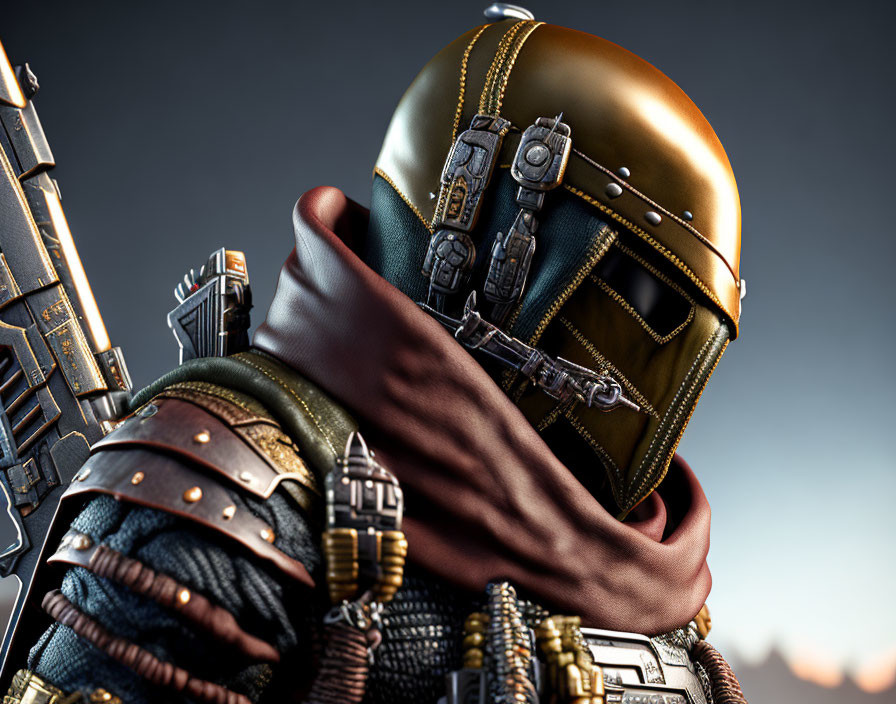 Detailed futuristic armor with shiny golden helmet and brown scarf on person.