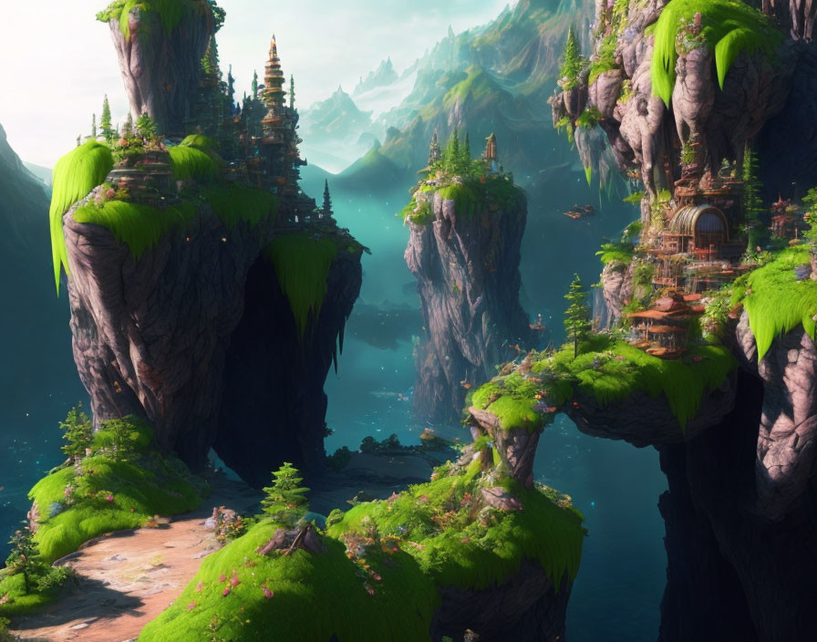 Mystical floating islands with lush greenery and ancient temples in a dreamlike landscape.