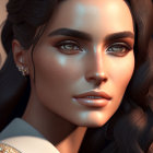 Detailed 3D-rendered female with makeup, wavy hair, and shimmering garment