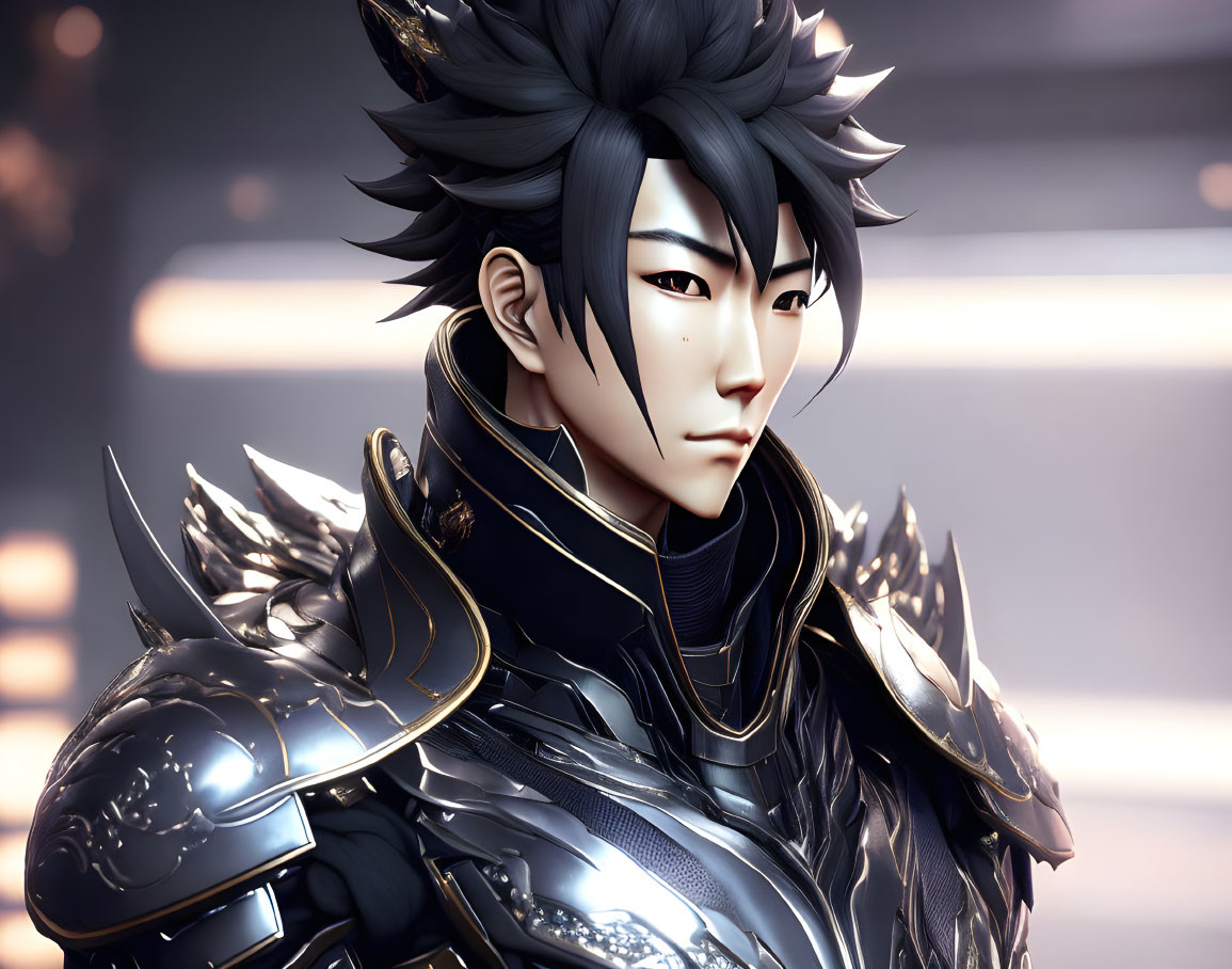 Spiked hair warrior in black armor with gold details on warm-toned backdrop