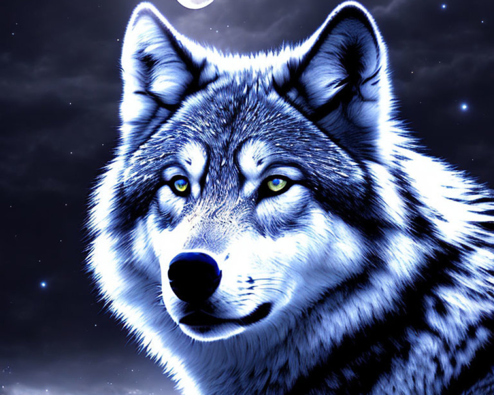 Blue wolf under moonlit starry sky with 'WOLLIJV' watermark