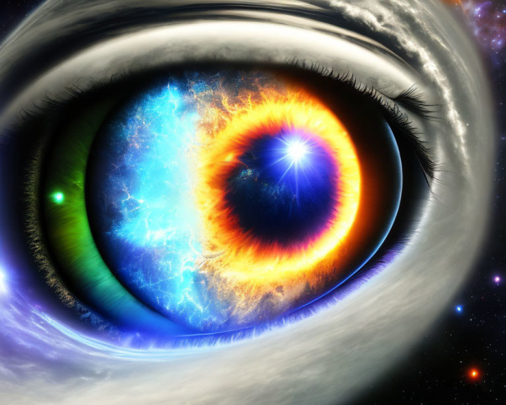 Surreal image of fiery eye with universe in iris against cosmic backdrop