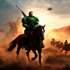 Futuristic soldier in green power armor rides horse with companions in dusty, sunset-lit landscape