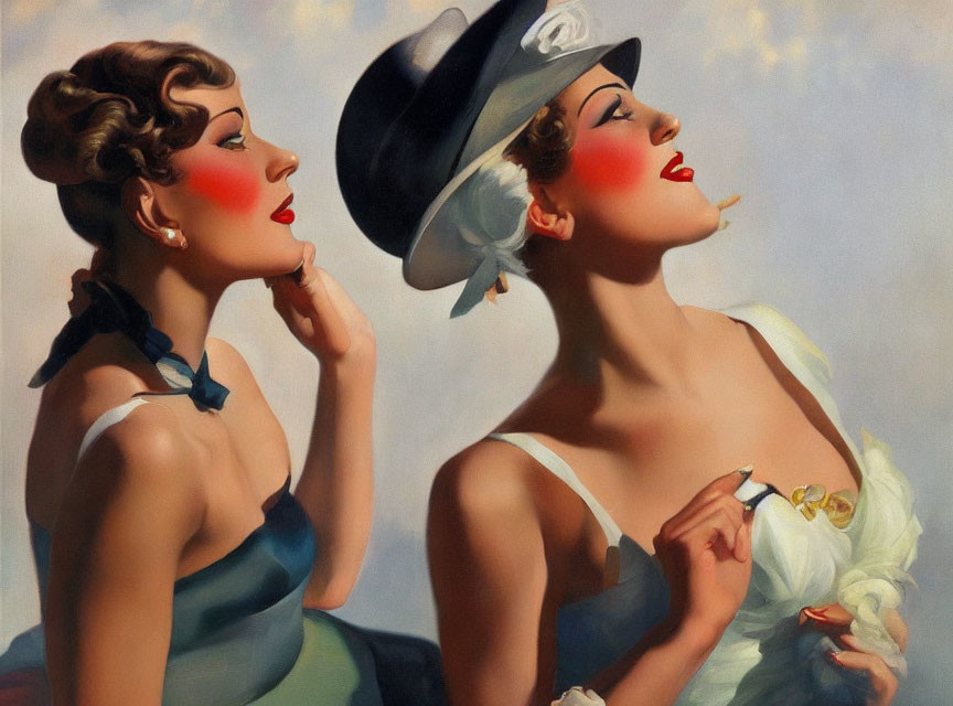Two vintage-style painted women with pronounced makeup in blue and white outfits.