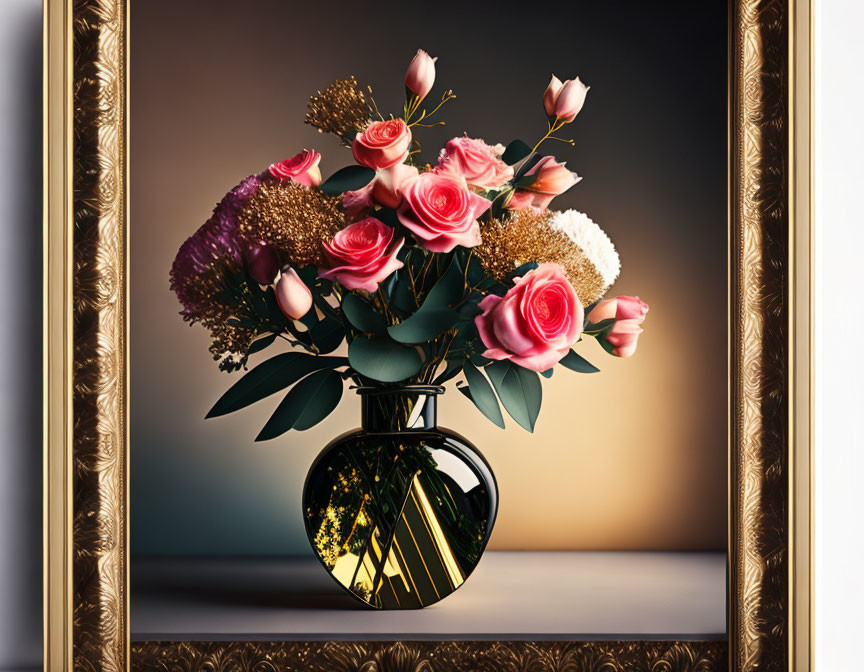 Framed image of pink roses and assorted flowers in gold vase on dark background