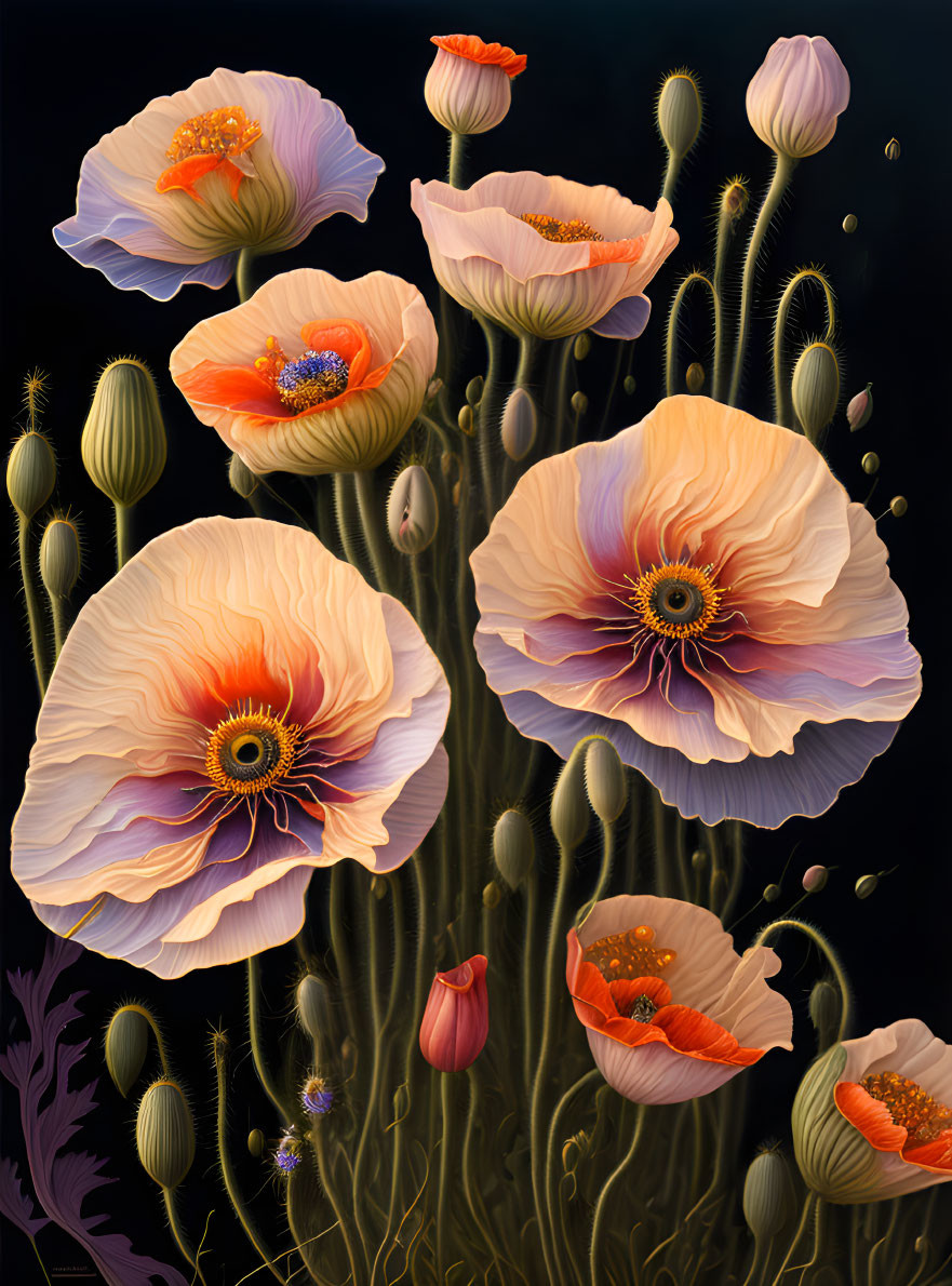 Detailed stages of blooming poppy flowers against dark backdrop